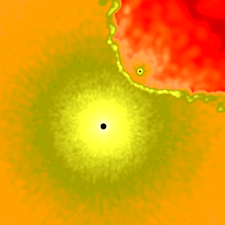 An animated gif shows a yellow circle with a black dot in its center on an orange background. The cicle appears to be emanating a greenish material. A red, comet-like object with a black dot at its head spirals in toward the center of the yellow circle.