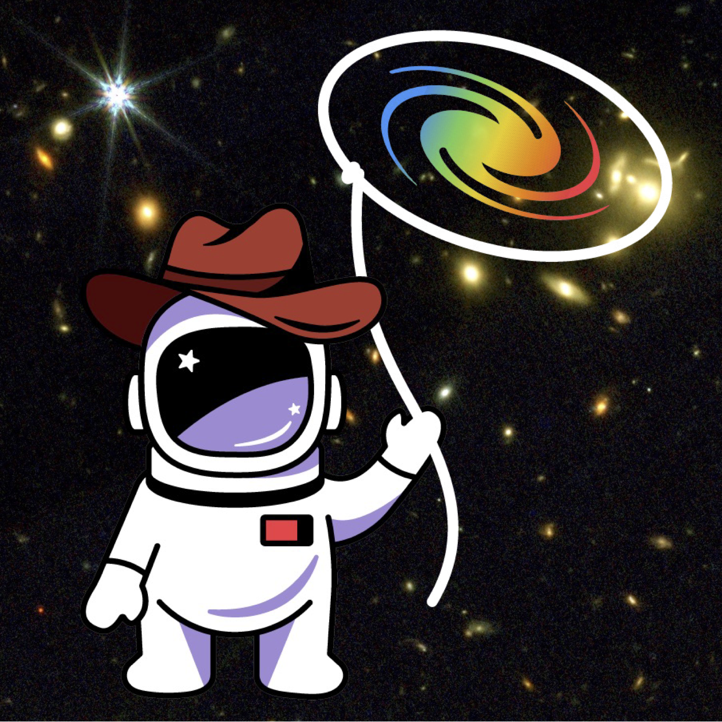 Floating in the black of deep space we see a jaunty astronaut in a white suit. He is sporting a red cowboy hat. In his extended hand is a lasso, the looped end of which has encircled a rainbow colored spiral galaxy.