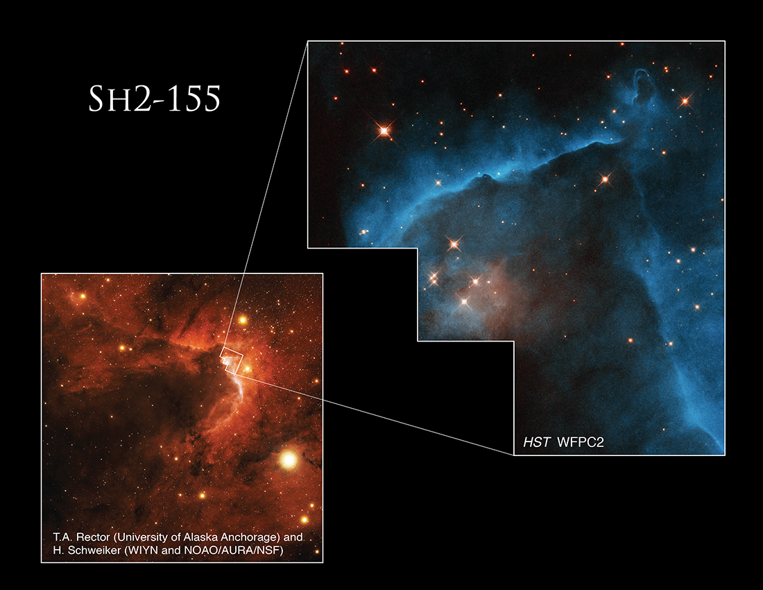 On the left side of the image there is a picture featuring red dust and gas from a ground based image. On the right is the Hubble image, blue dust surrounding stars.