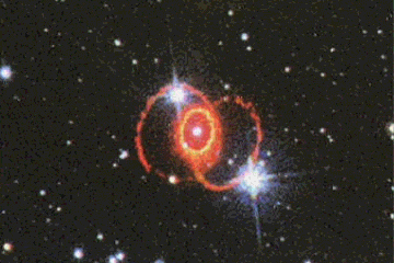Two red rings overlap and bisect a center yellow ring that surrounds a bright-white point of light. As the animation progresses, the rings are viewed from the side revealing how they expanded outward from the central star. 
