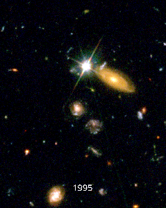 A portion of the Hubble Deep Field. Two observations of the same part of the sky. 1995 reels a bright star that is no longer there in the 2002 observation. This animated gif cycles between the two images making the supernova appear to blink on and off.