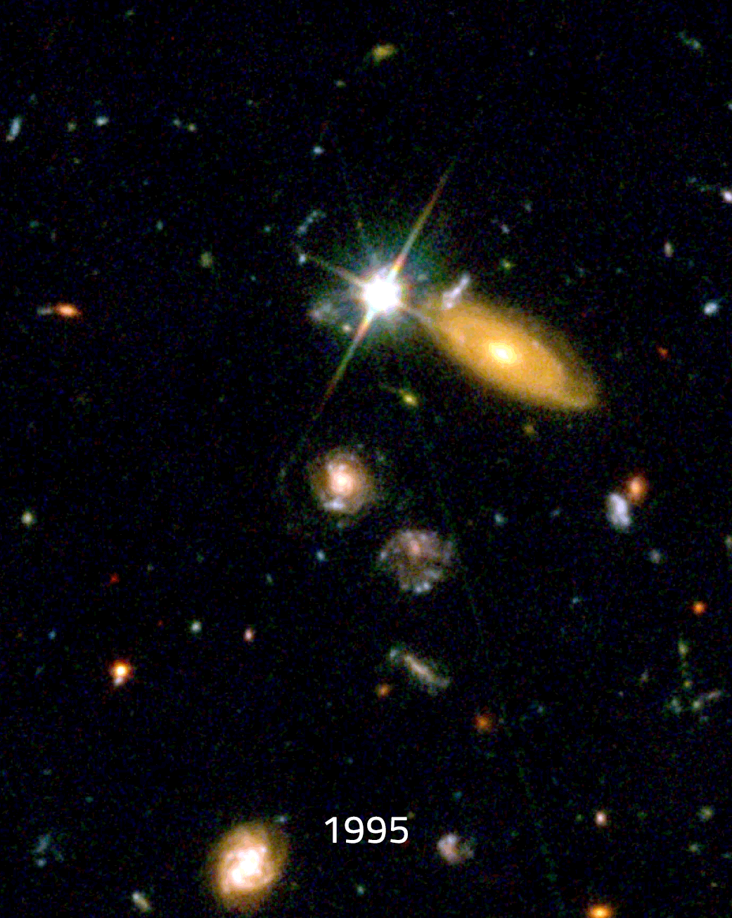 A portion of the Hubble Deep Field. Two observations of the same part of the sky. 1995 reels a bright star that is no longer there in the 2002 observation. This animated gif cycles between the two images making the supernova appear to blink on and off.