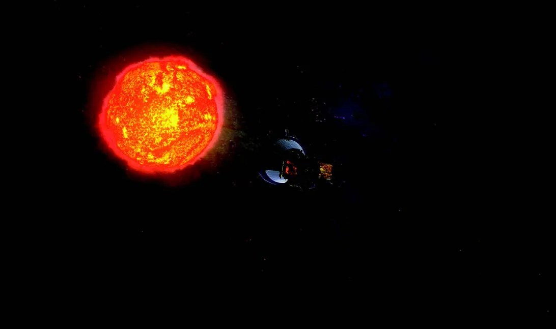 Illustration of Solar Probe approaching orange and yellow sun