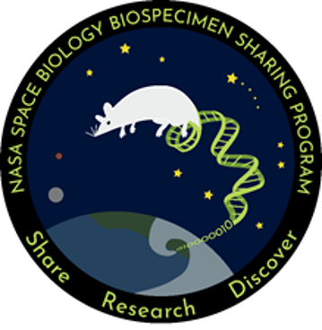 A logo displaying a white mouse floating above the Earth among a starry background. Red and grey circles on the left side of the background represent the planet Mars and the Earth’s moon, respectively. The mouse’s tail transforms into double-stranded DNA and binary digits as it curves towards Earth. A black ring with green texts surrounding the logo reads, “NASA Space Biology Biospecimen Sharing Program” at the top and “Share, Research, Discover” at the bottom.