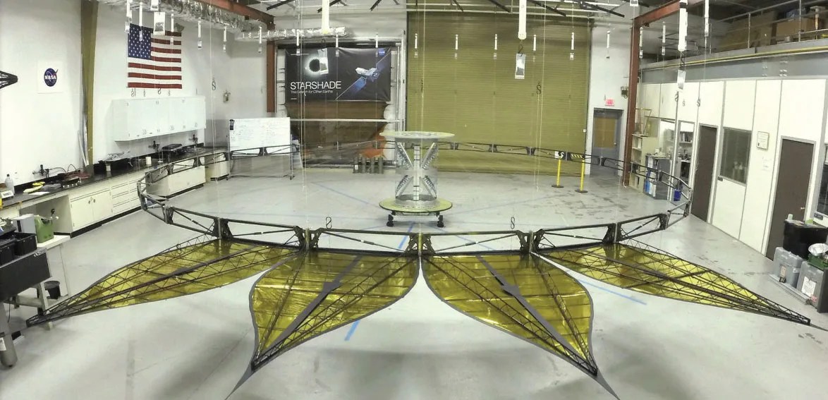 Photograph of prototype of starshade's inner disk inside JPL's laborator