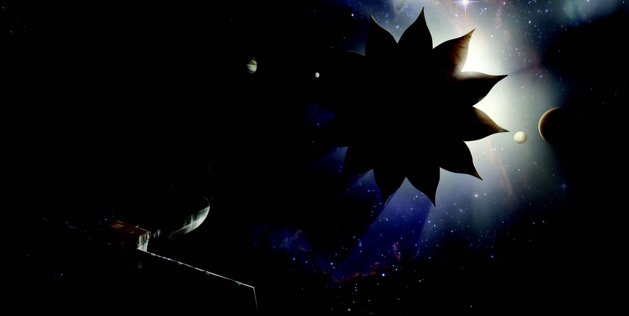 Artist’s rendition of a starshade blocking starlight from a nearby planetary system