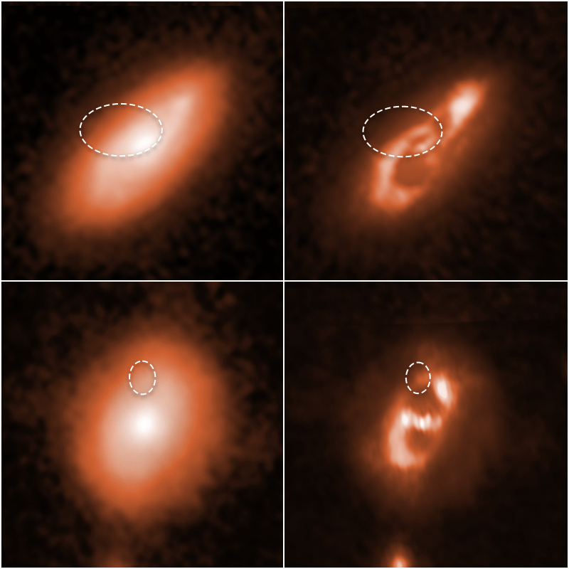 Astronomers using the Hubble Space Telescope have tracked down two brief, powerful radio bursts to the spiral arms of the two galaxies shown at top and bottom of this image.