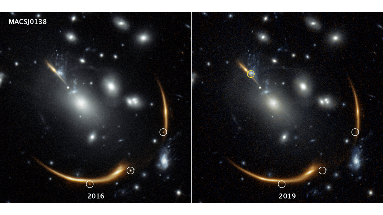 Three views of the same supernova appear in the 2016 image on the left, taken by the Hubble Space Telescope. But they're gone in the 2019 image.