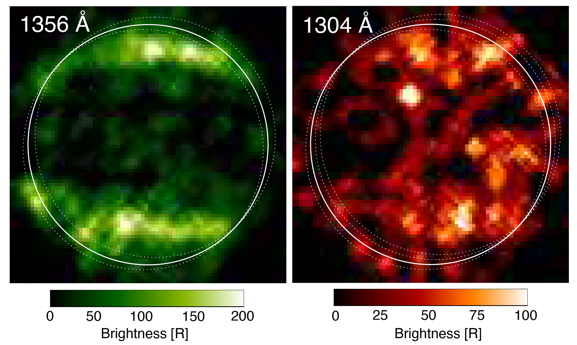 In 1998, Hubble's Space Telescope Imaging Spectrograph (STIS) took these first ultraviolet (UV) images of Ganymede, which revealed a particular pattern in the observed emissions from the moon's atmosphere.