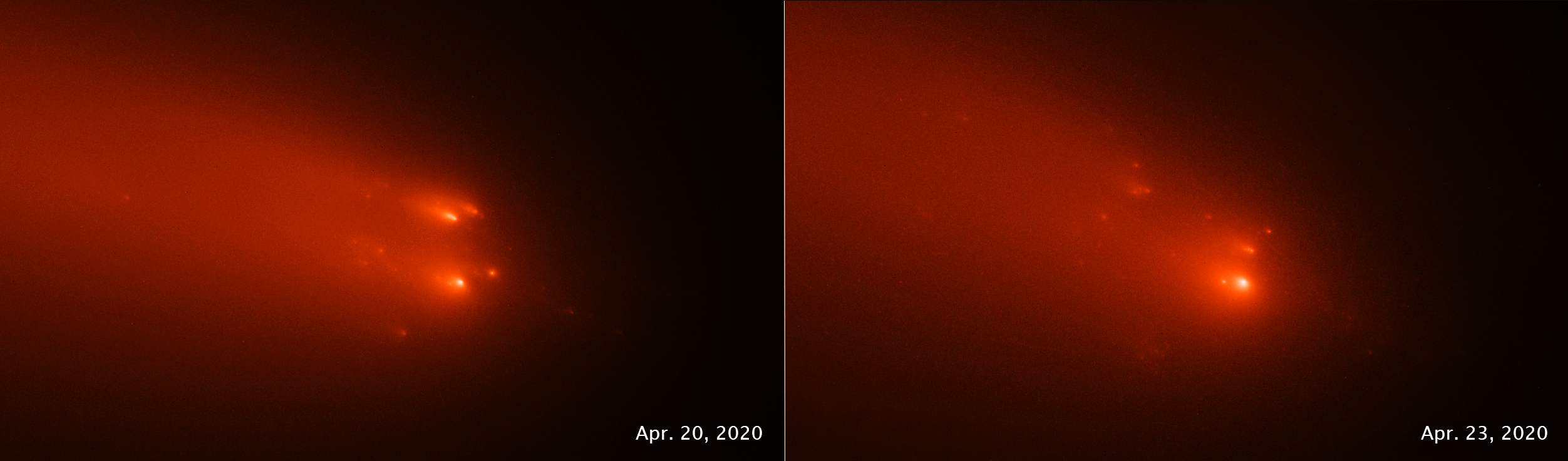This pair of Hubble Space Telescope images of comet C/2019 Y4 (ATLAS), taken on April 20 and April 23, 2020, reveal the breakup of the solid nucleus of the come