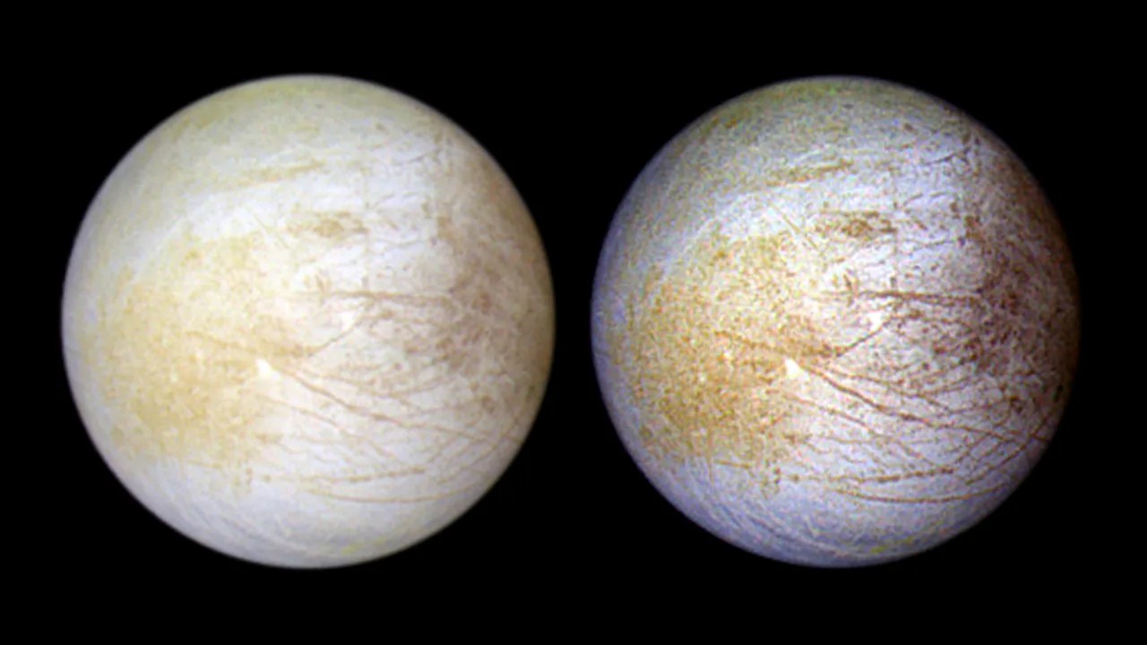 This photograph of the Jovian moon Europa was taken in June 1997 at a range of 776,700 miles by NASA's Galileo spacecraft.