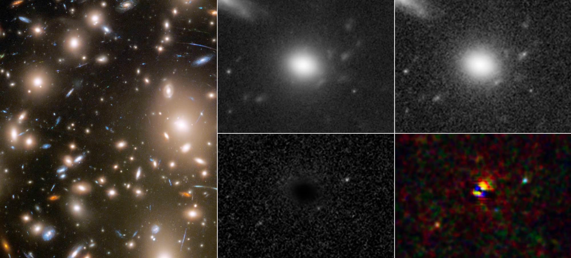 One large panel and four smaller panels with the label “Galaxy Cluster Abell 370.” The image is a field of many dozens of white, yellow, red, and blue galaxies of various sizes and shapes.