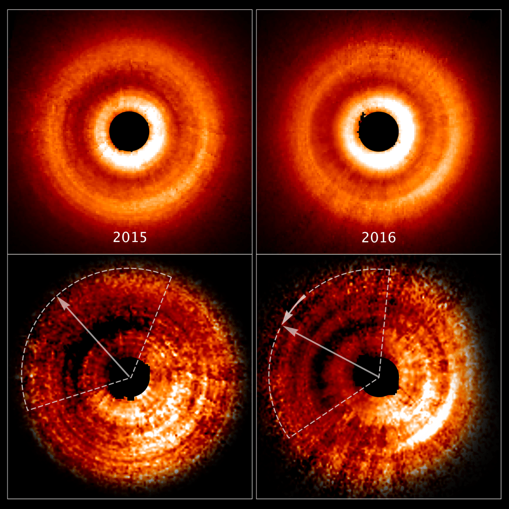 four part graphic showing orange disks against a black background