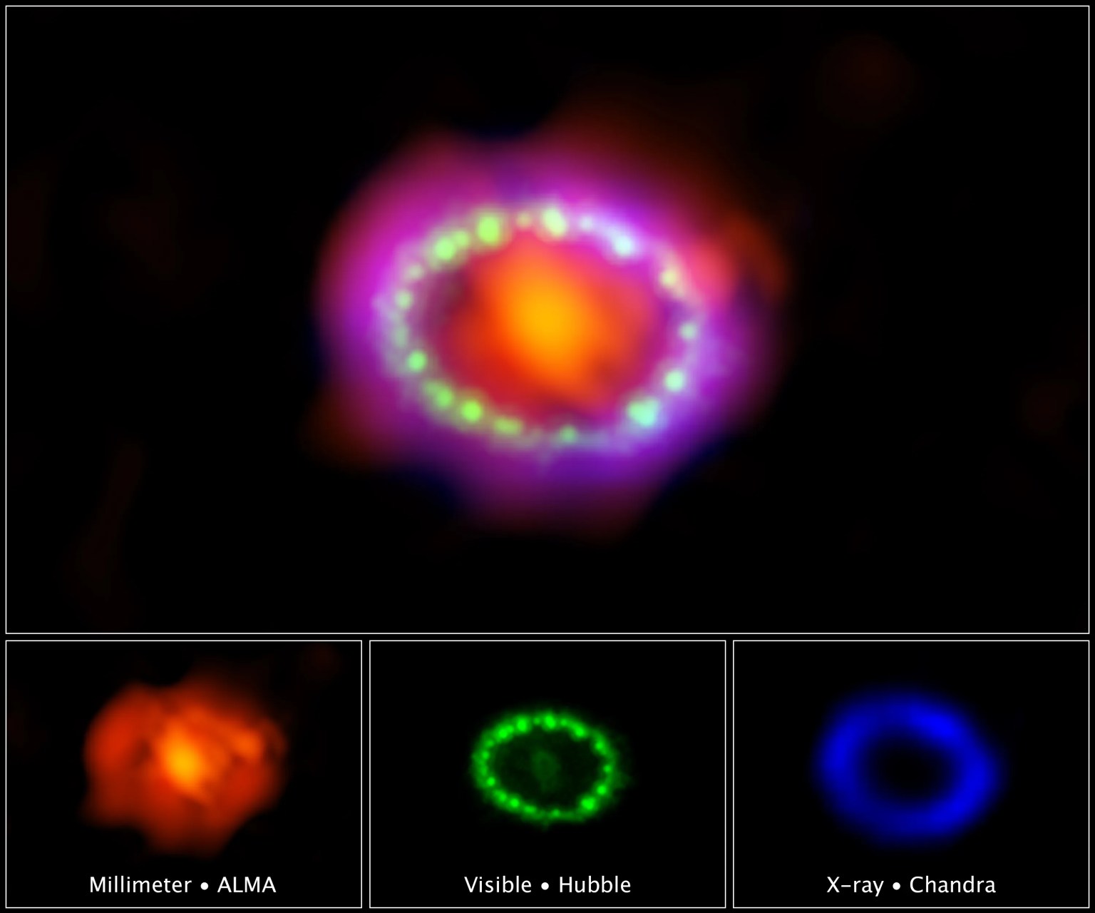Astronomers combined observations from three different observatories to produce this colorful, multiwavelength image of the intricate remains of Supernova 1987A.