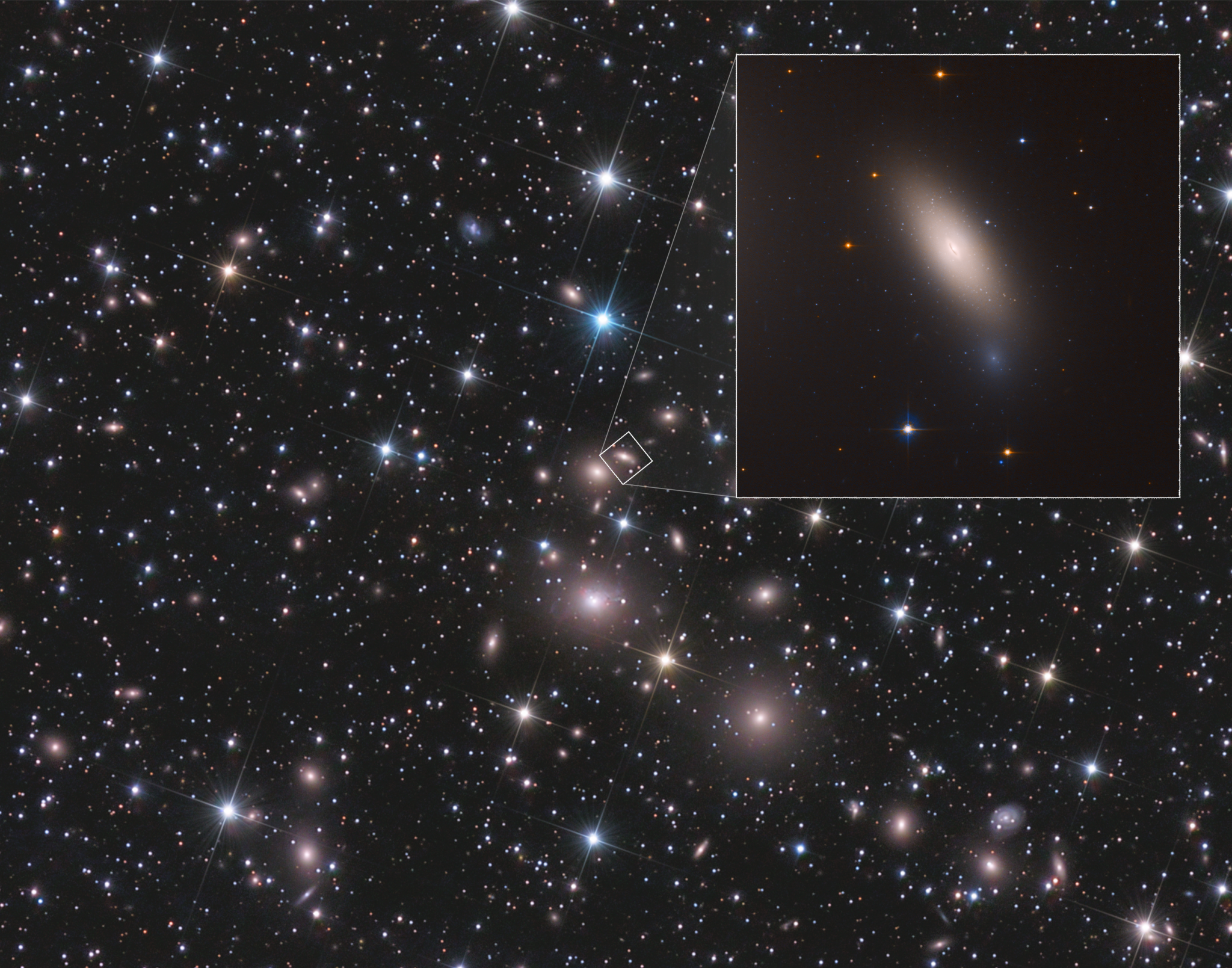 brilliant field of galaxies with inset enlarging one