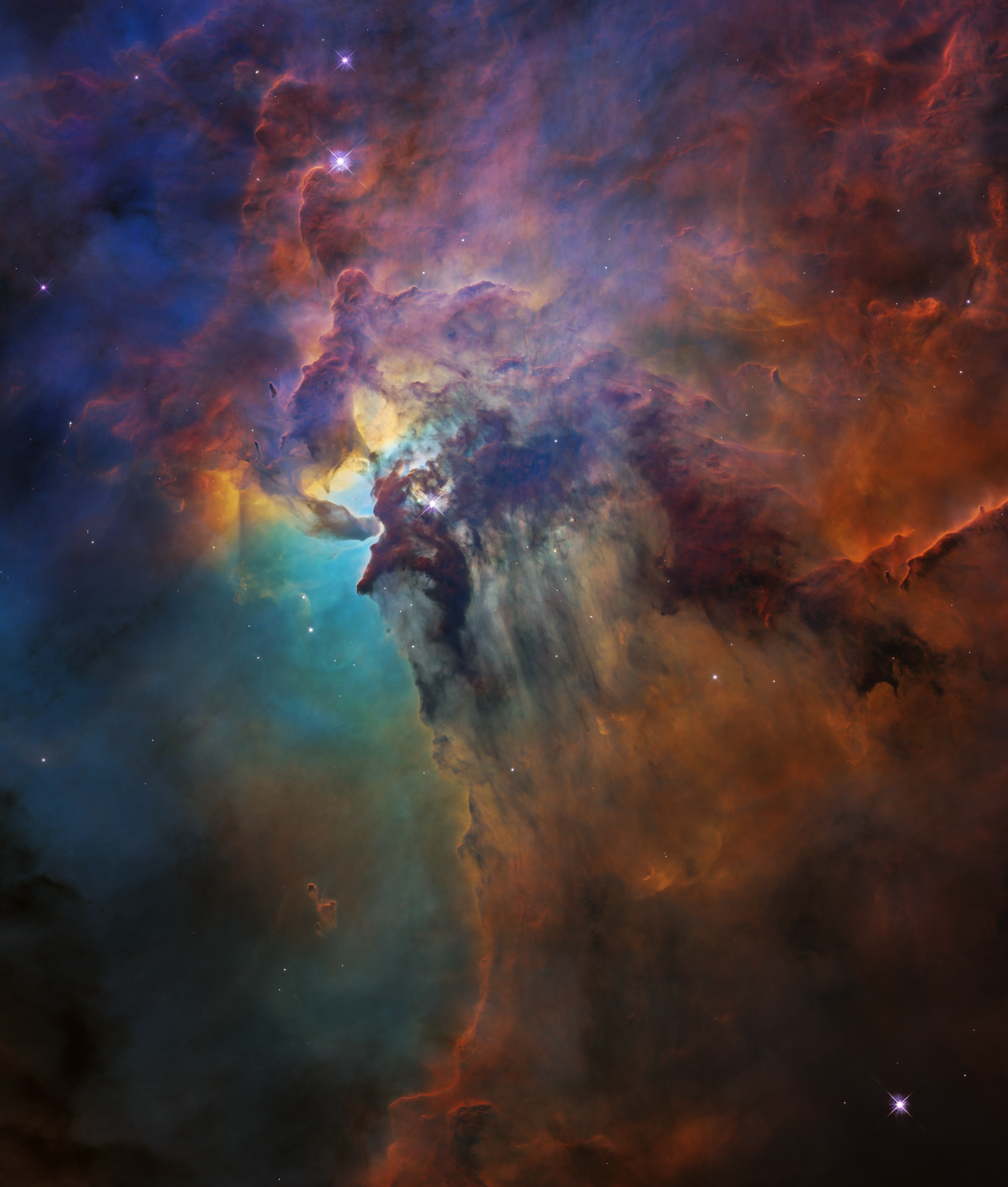 Aqua, magenta, black, colorful clouds in space