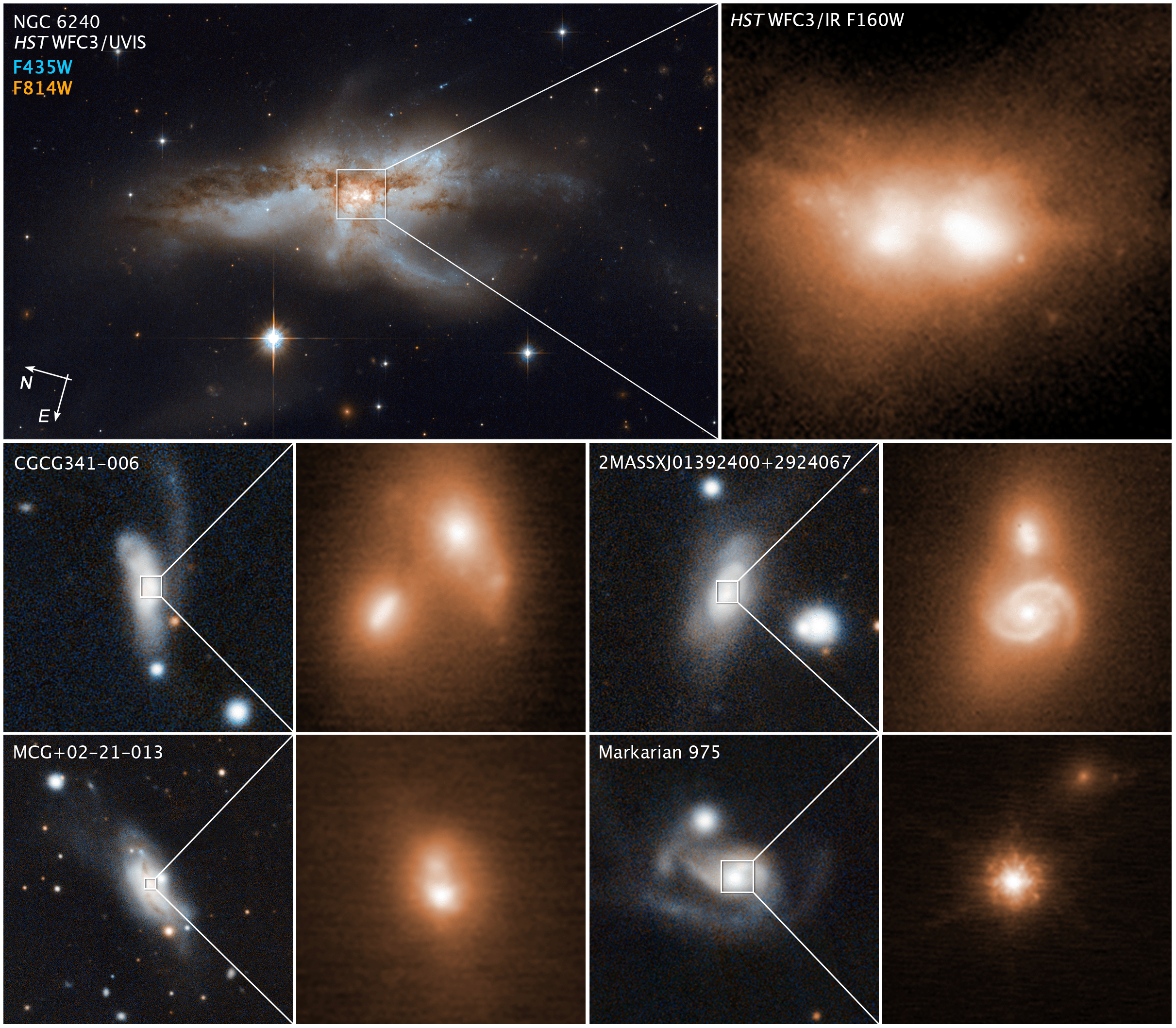 multiple images of colliding galaxies, in visible and infrared
