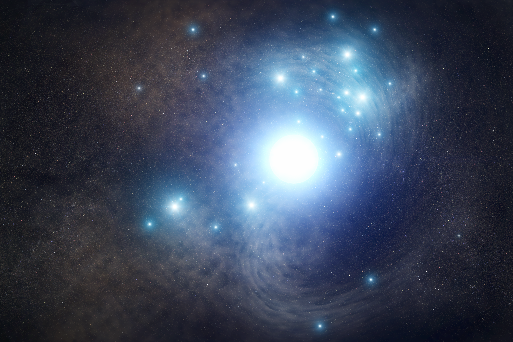 birght blue-white stars in a cluster