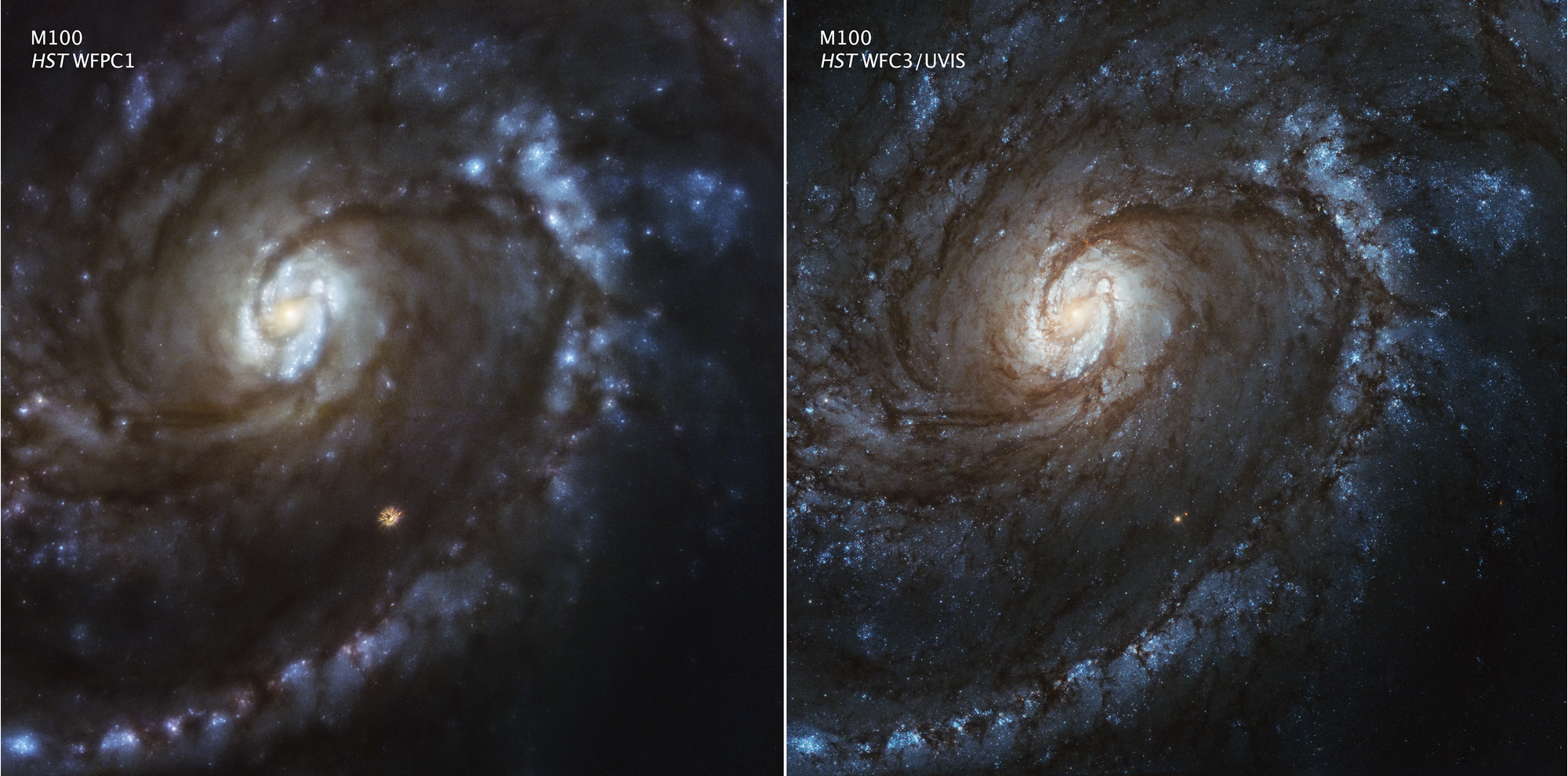 Two images of a galaxy, left one blurry