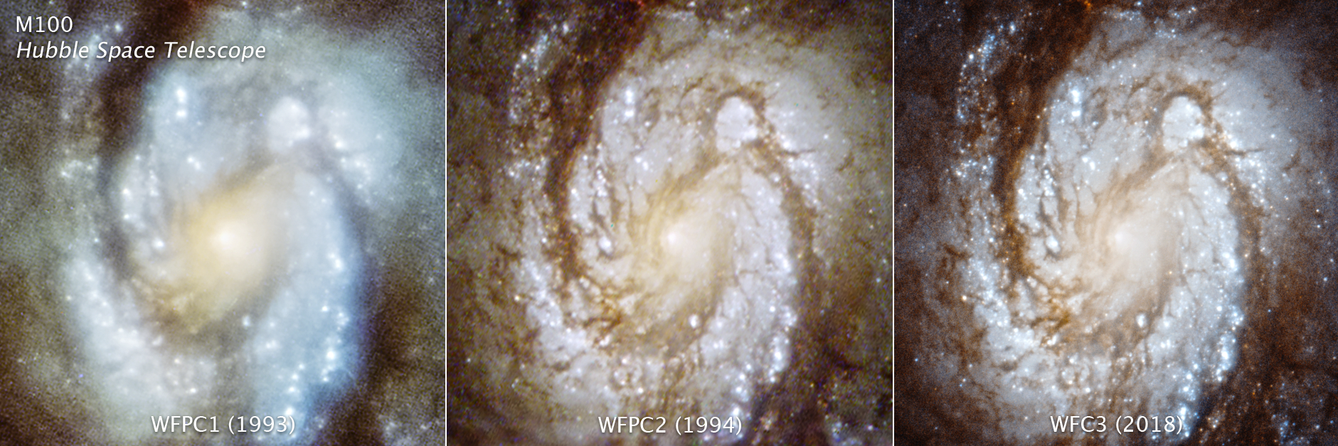 Three images of a spiral galaxy are side by side, with sharper resolution to the right.