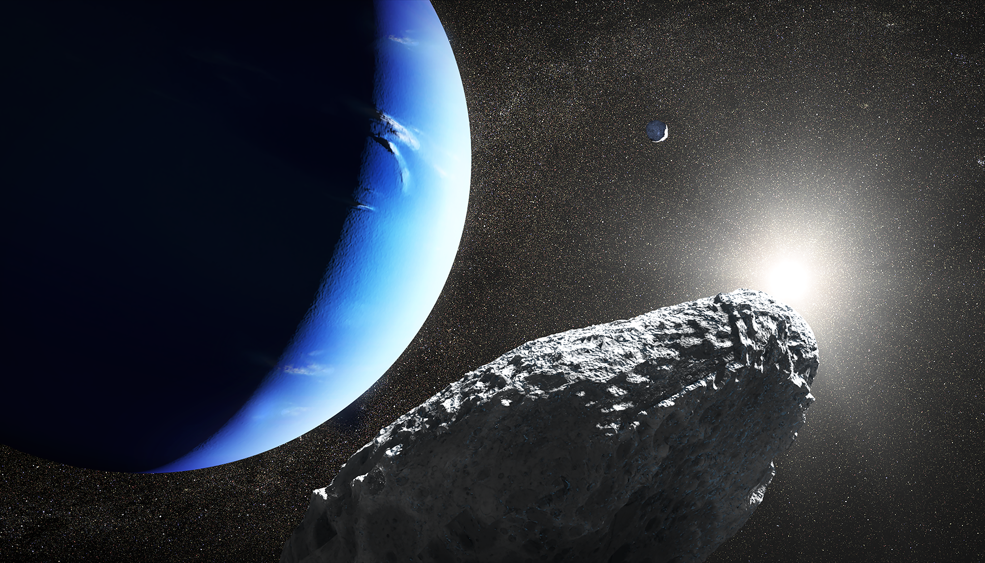 artist's concept of a sunset on Neptune with a large rock in forground