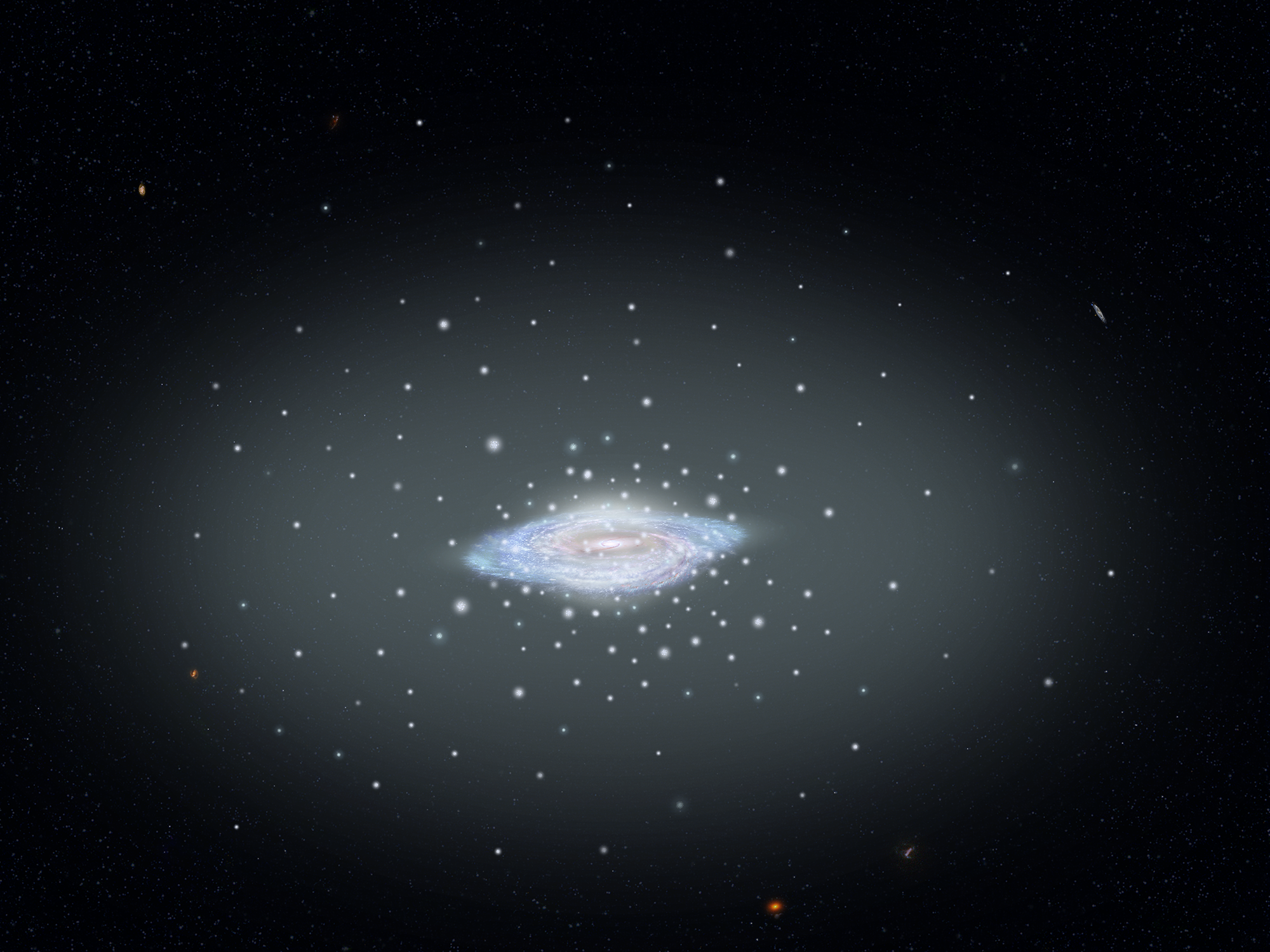 A galaxy surrounded by a hazy cloud dotted with bright blobs