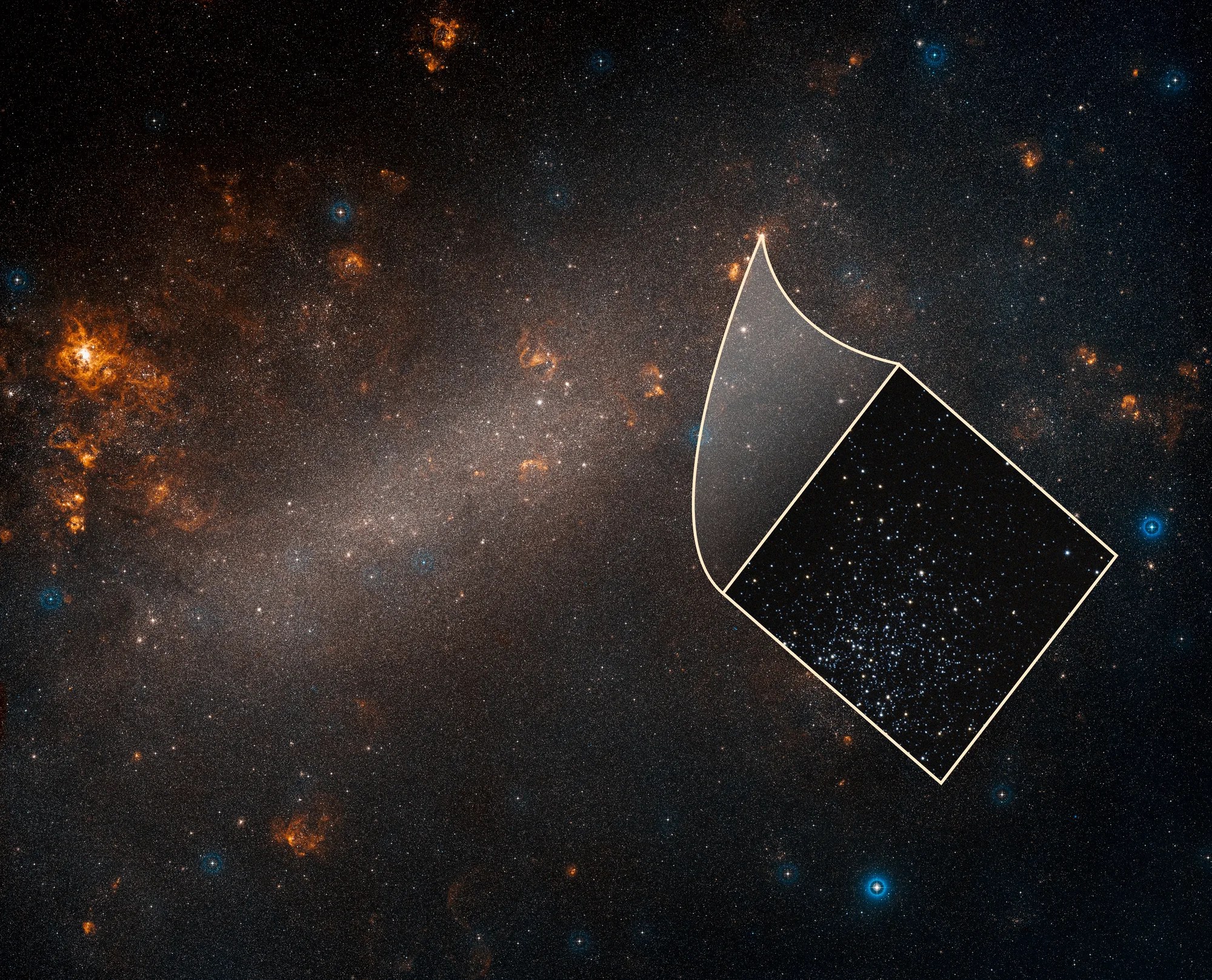 ground-based view of LMC with inset image from Hubble