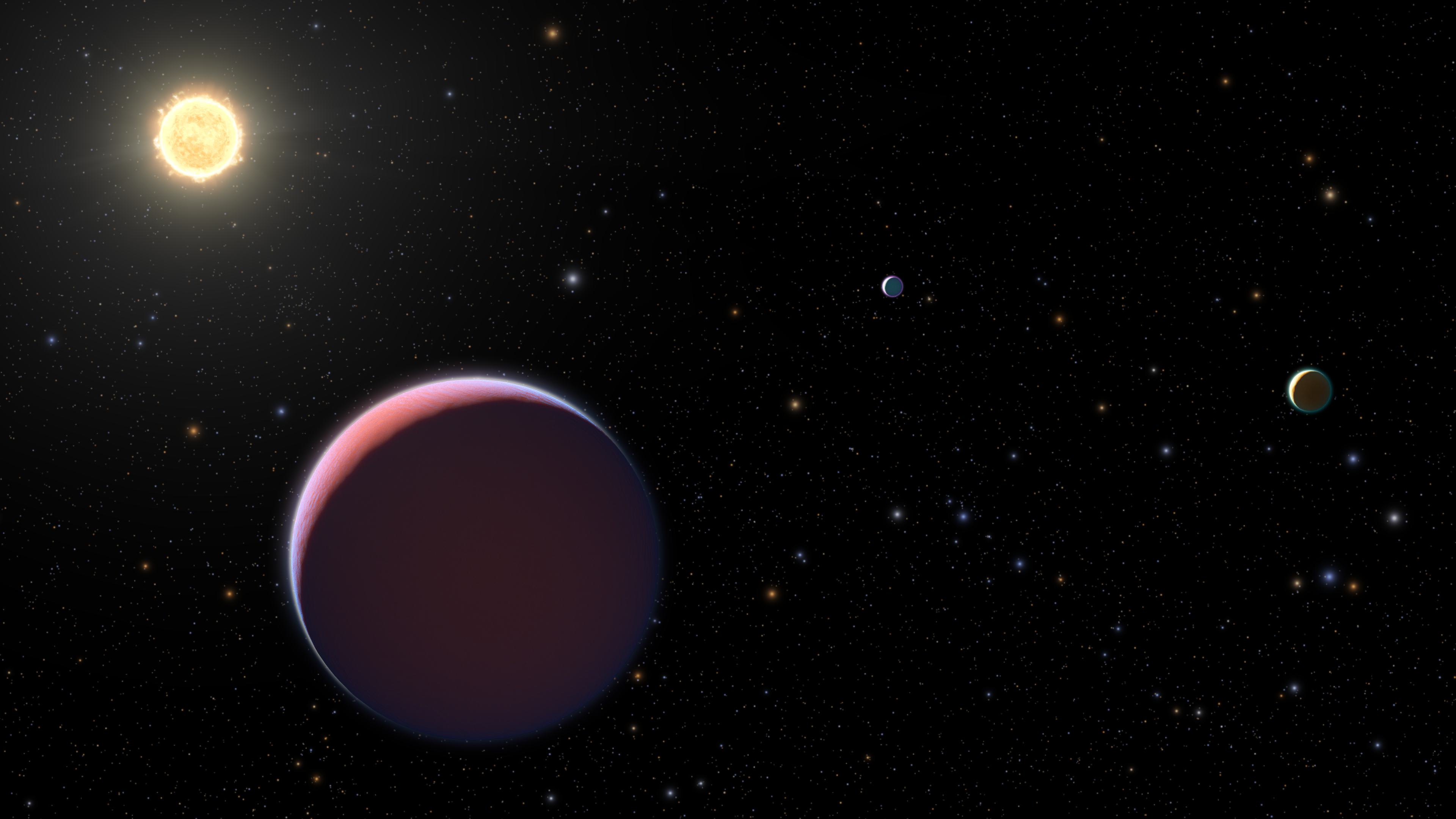 Illustration of a pinkish planet against a black background. Planet is in the foreground at lower left, its yellow star is some distance away at upper left. Two other planets, one blue the other yellow, are off to the right. Stars dot the background.