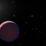 Illustration of a pinkish planet against a black background. Planet is in the foreground at lower left, its yellow star is some distance away at upper left. Two other planets, one blue the other yellow, are off to the right. Stars dot the background.