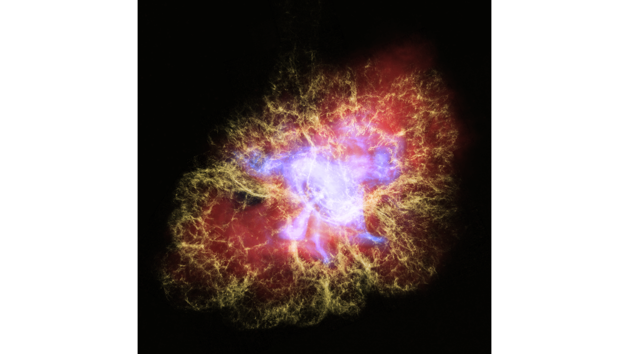 This new multiwavelength image of the Crab Nebula combines X-ray light from the Chandra X-ray Observatory (in blue) with visible light from the Hubble Space Telescope (in yellow) and infrared light seen by the Spitzer Space Telescope (in red). This particular combination of light from across the electromagnetic spectrum highlights the nested structure of the pulsar wind nebula. The X-rays reveal the beating heart of the Crab, the neutron-star remnant from the supernova explosion seen almost a thousand years ago. This neutron star is the super-dense collapsed core of an exploded star and is now a pulsar that rotates at a blistering rate of 30 times per second. A disk of X-ray-emitting material, spewing jets of high-energy particles perpendicular to the disk, surrounds the pulsar. The infrared light in this image shows synchrotron radiation, formed from streams of charged particles spiraling around the pulsar's strong magnetic fields. The visible light is emission from oxygen that has been heated by higher-energy (ultraviolet and X-ray) synchrotron radiation. The delicate tendrils seen in visible light form what astronomers call a "cage" around the rich tapestry of synchrotron radiation, which in turn encompasses the energetic fury of the X-ray disk and jets. These multiwavelength interconnected structures illustrate that the pulsar is the main energy source for the emission seen by all three telescopes. The Crab Nebula resides 6,500 light-years from Earth in the constellation Taurus.