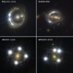 four images of quasars, each appearing duplicated due to effects of gravitational lensing