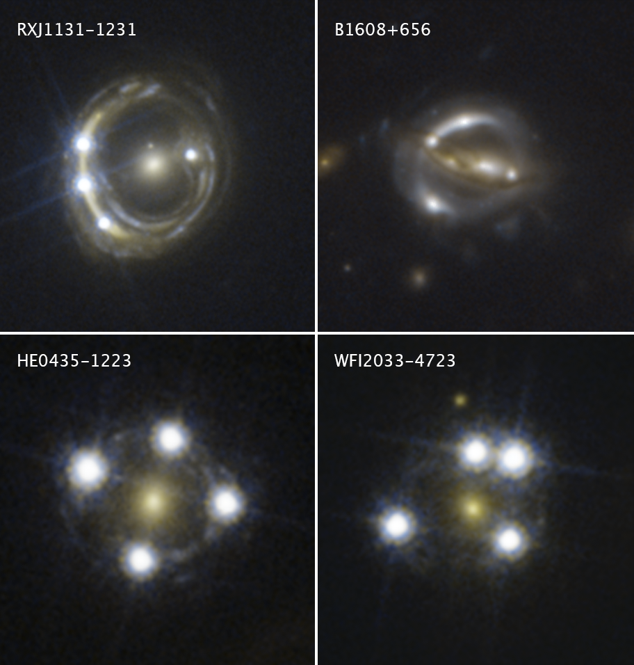 four images of quasars, each appearing duplicated due to effects of gravitational lensing