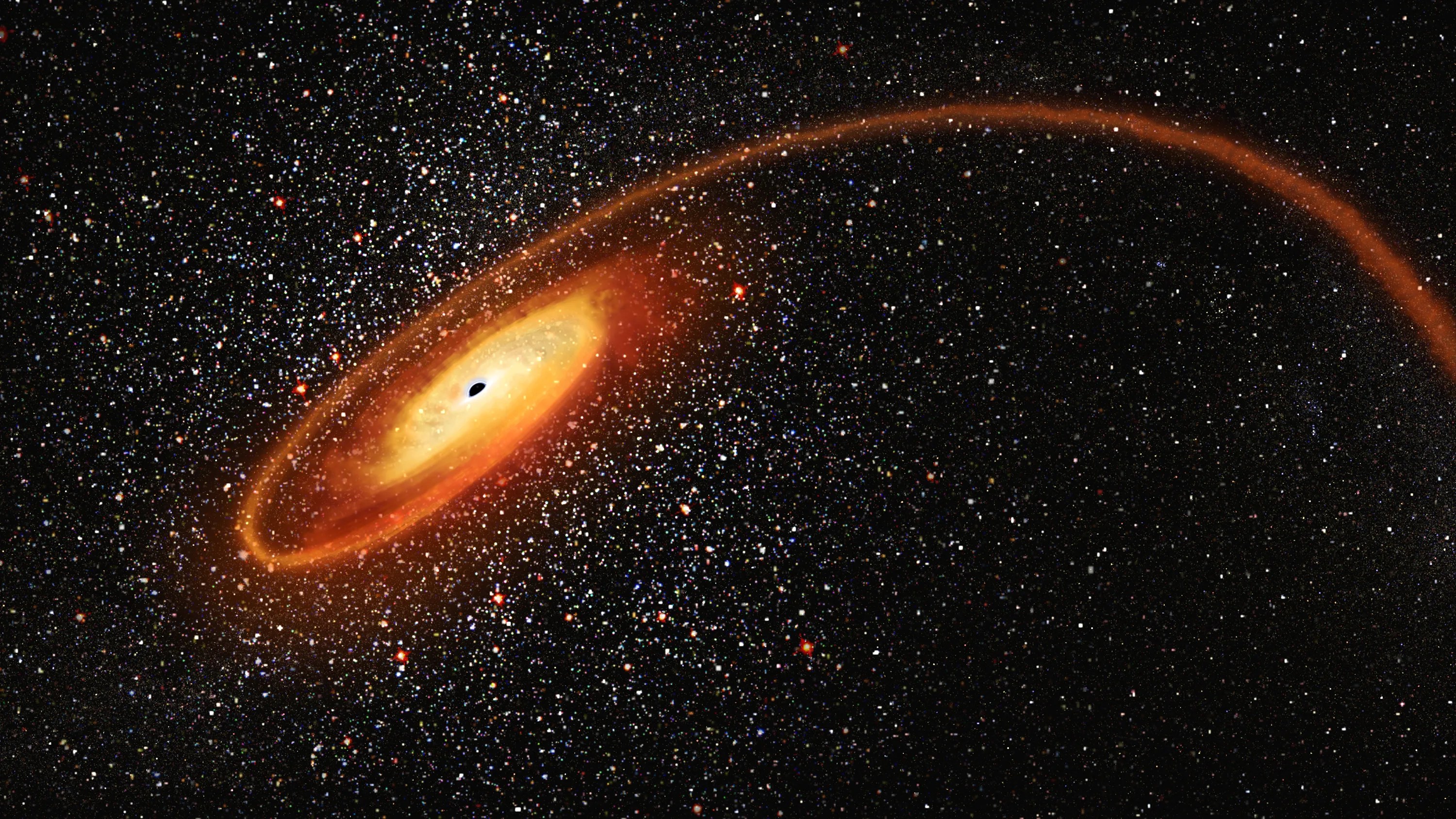 Illustration of a glowing black hole accretion disk with material spiraling into it.