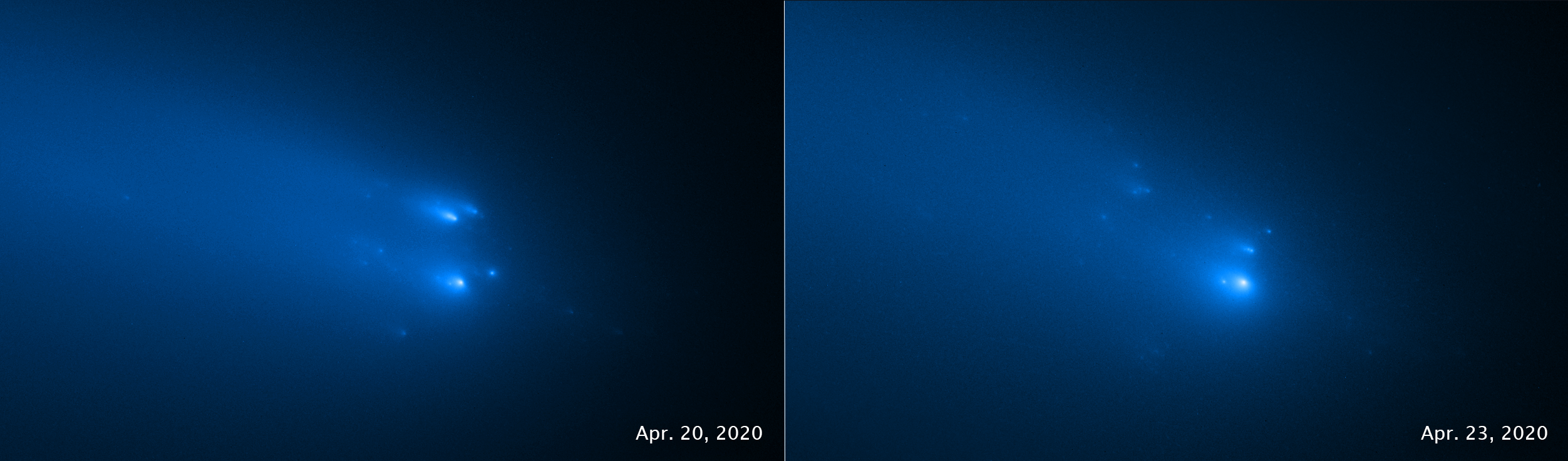 two blue-hued images of fragmenting comet C/2019 Y4 (ATLAS), as seen by Hubble
