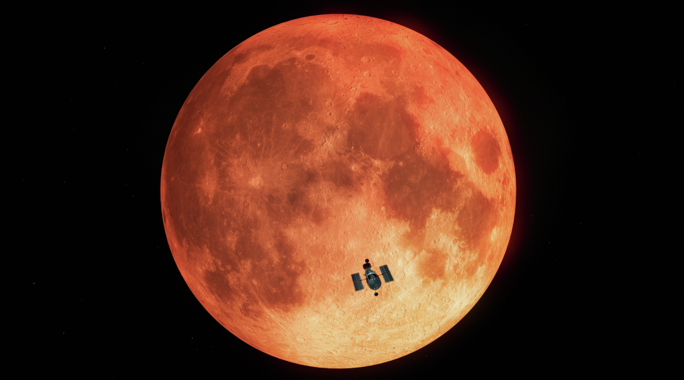 Illustration of Hubble Space Telescope silhouette against backdrop of a brownish Moon seen at lunar eclipse