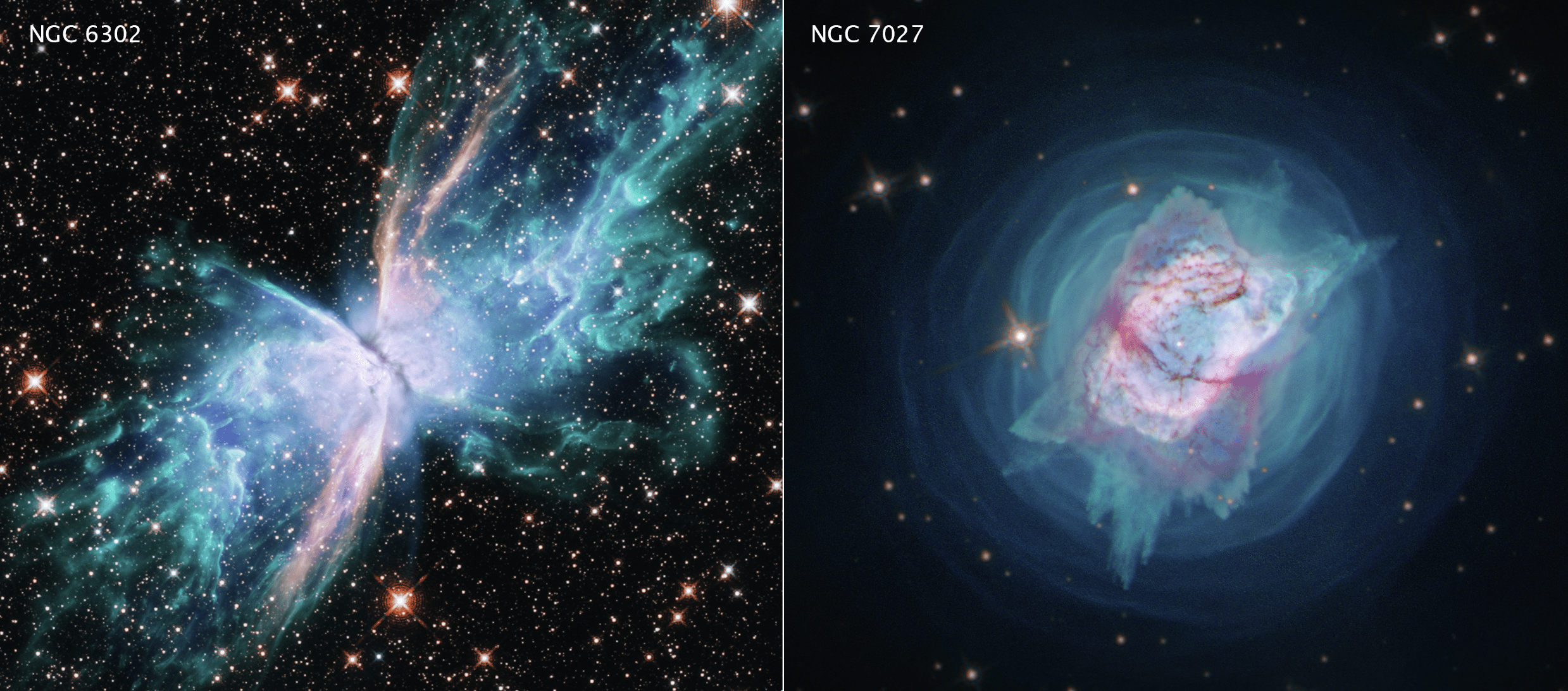 Combined image of butterfly nebula (left) and ngc 7027 (right) as seen by hubble