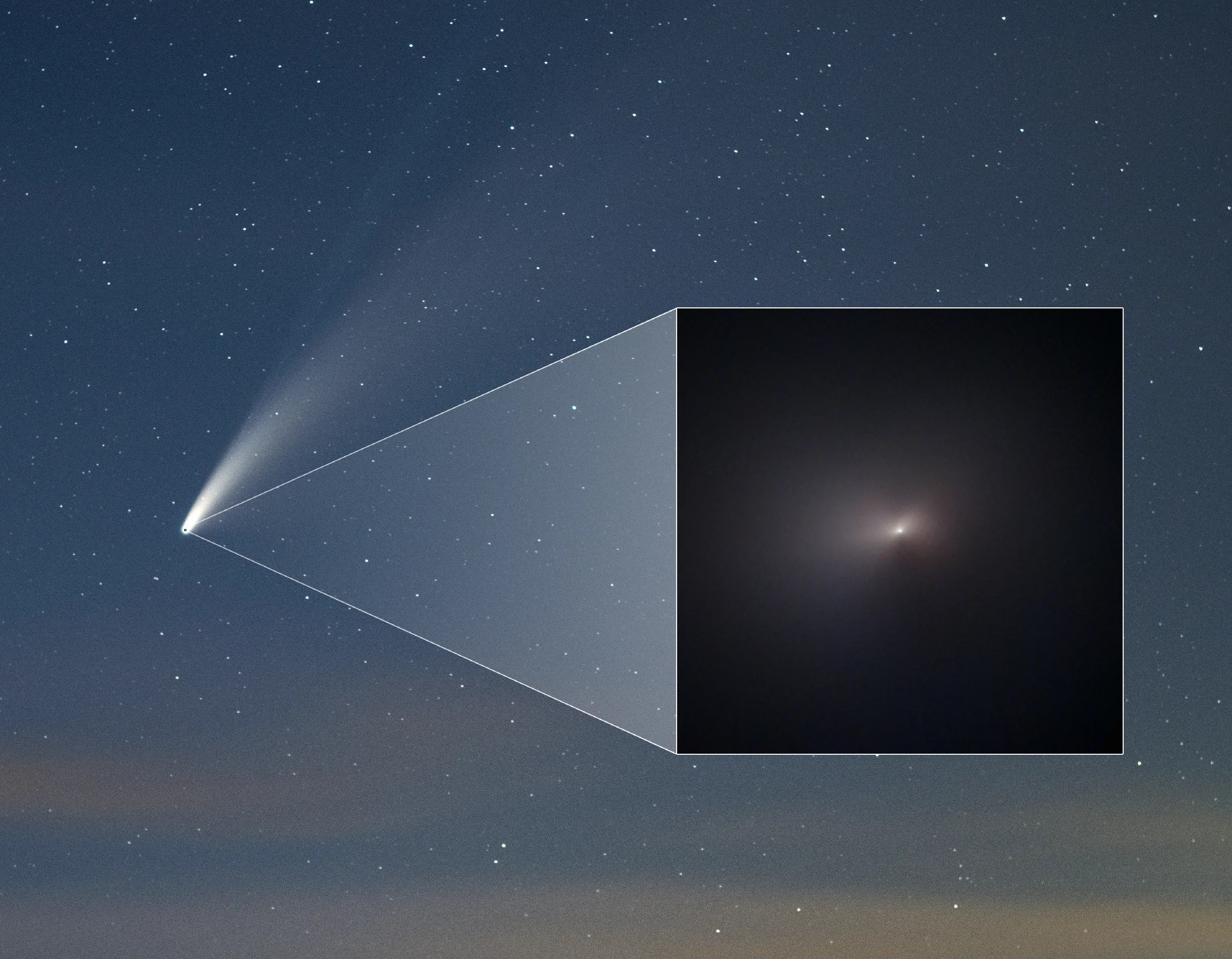 bright white streak of comet NEOWISE against a dark blue sky, with an almost-grayscale view of the comet from Hubble inset