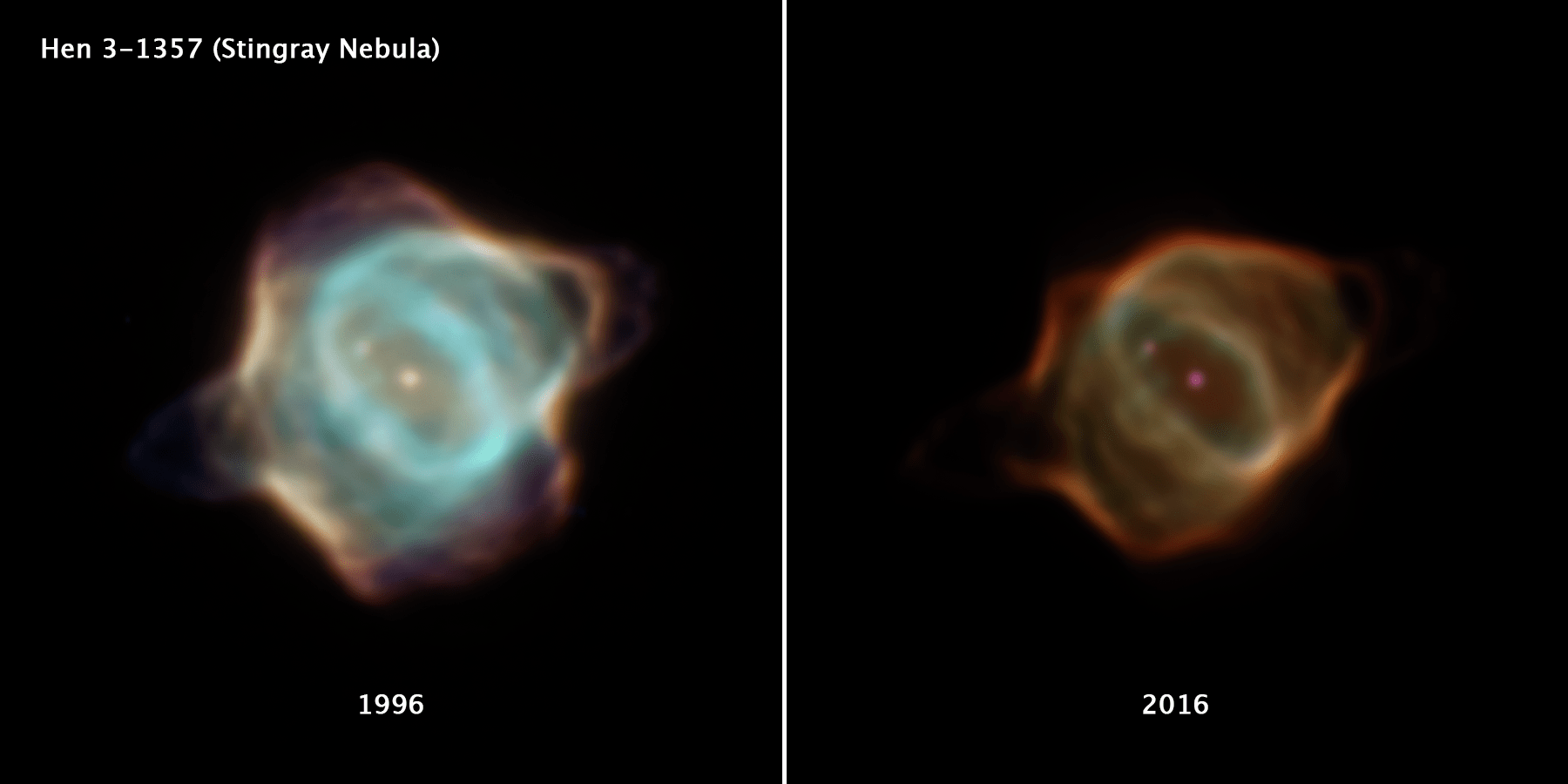 This image compares two drastically different portraits of the Stingray nebula captured by NASA’s Hubble 20 years apart.