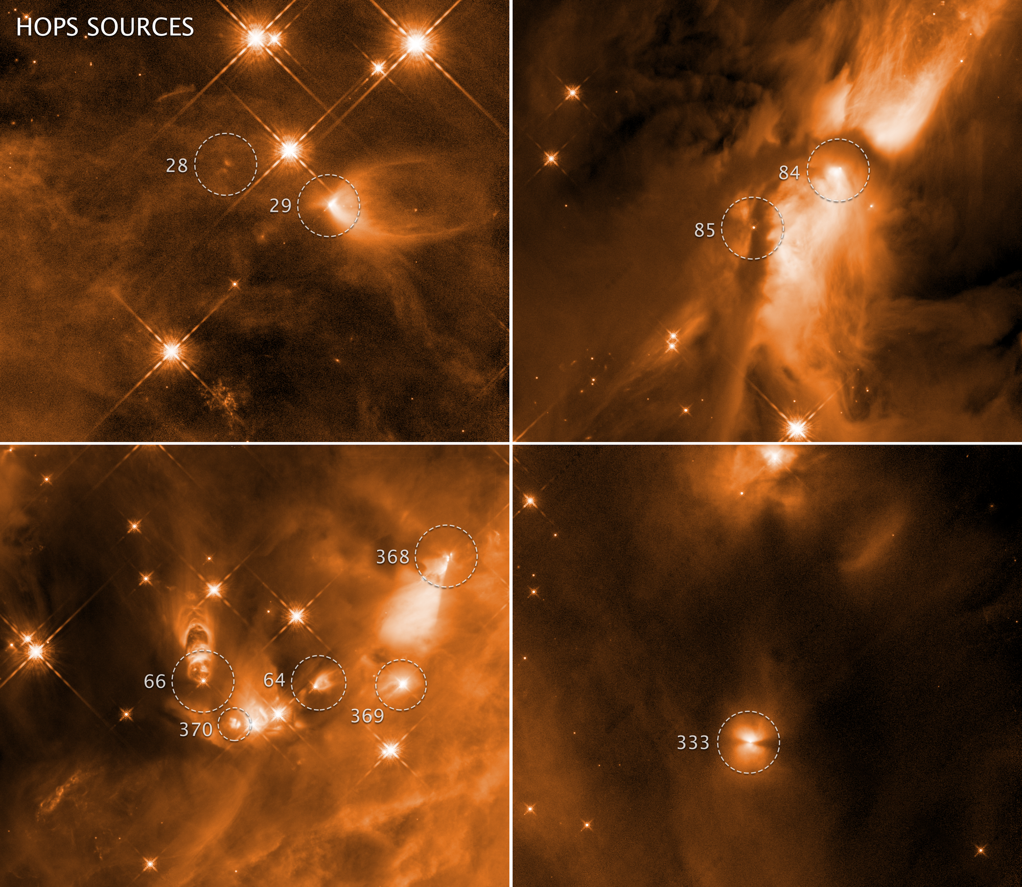 These four images taken by NASA's Hubble Space Telescope reveal the chaotic birth of stars in the Orion complex.
