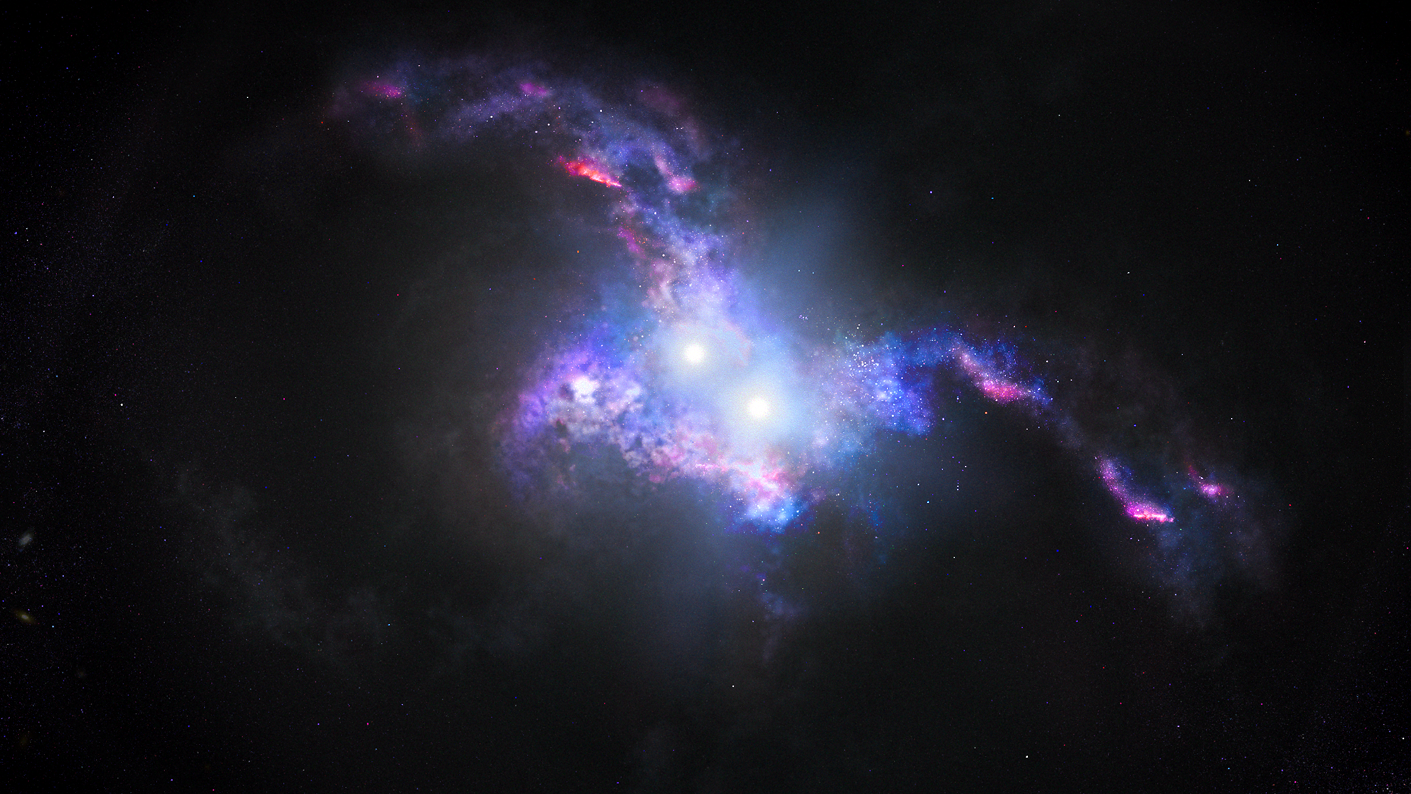 This artist's conception shows the brilliant light of two quasars residing in the cores of two galaxies that are merging.