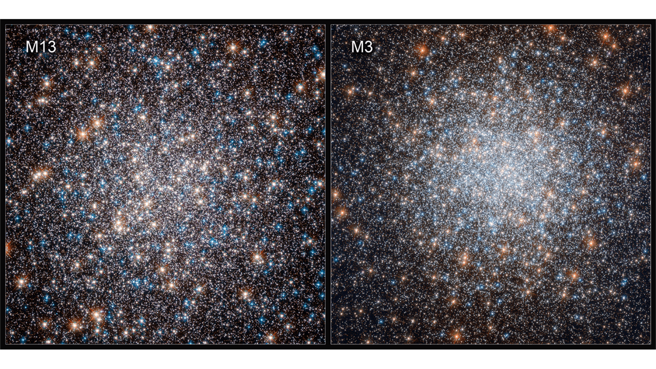 white sparkles against the black backdrop of space: side-by-side images of M13 and M3 globular clusters