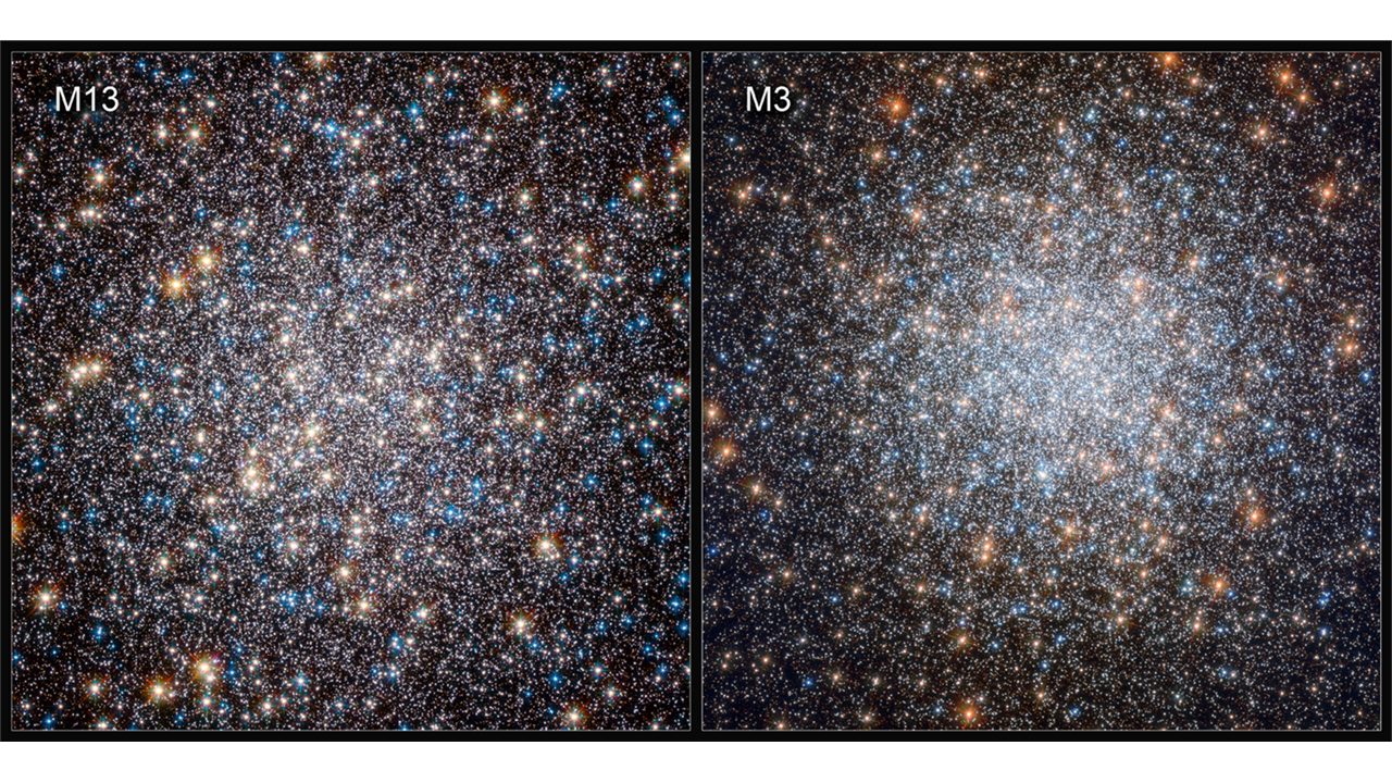 white sparkles against the black backdrop of space: side-by-side images of M13 and M3 globular clusters