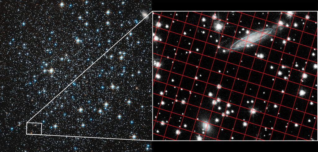 image of dense stars with blowup showing stars moving against a red grid