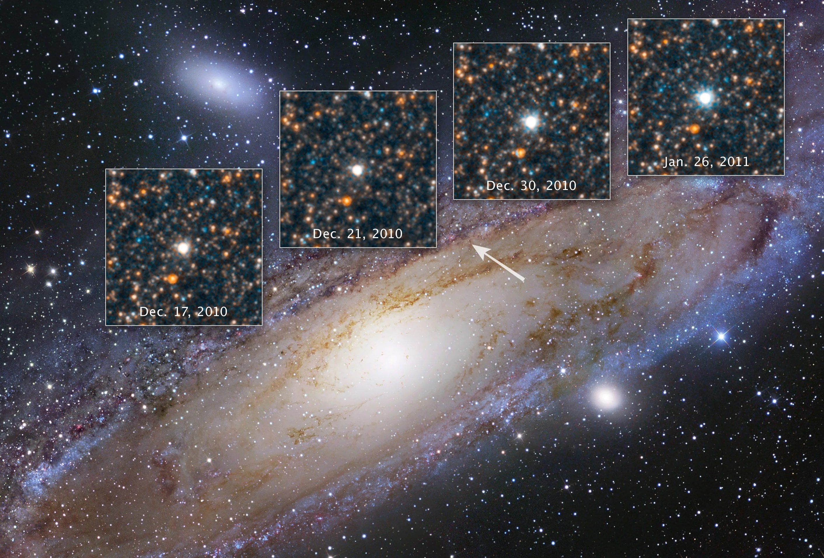 Ground-based image of the Andromeda Galaxy stretches from lower left to upper right. A white arrow points to the location of the Hubble observations. Above the galaxy are four boxes containing Hubble images of the variable star at different luminosities.