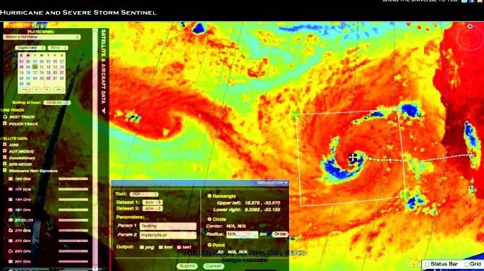 Screenshot of tropical cyclone information systems application with satellite imagery