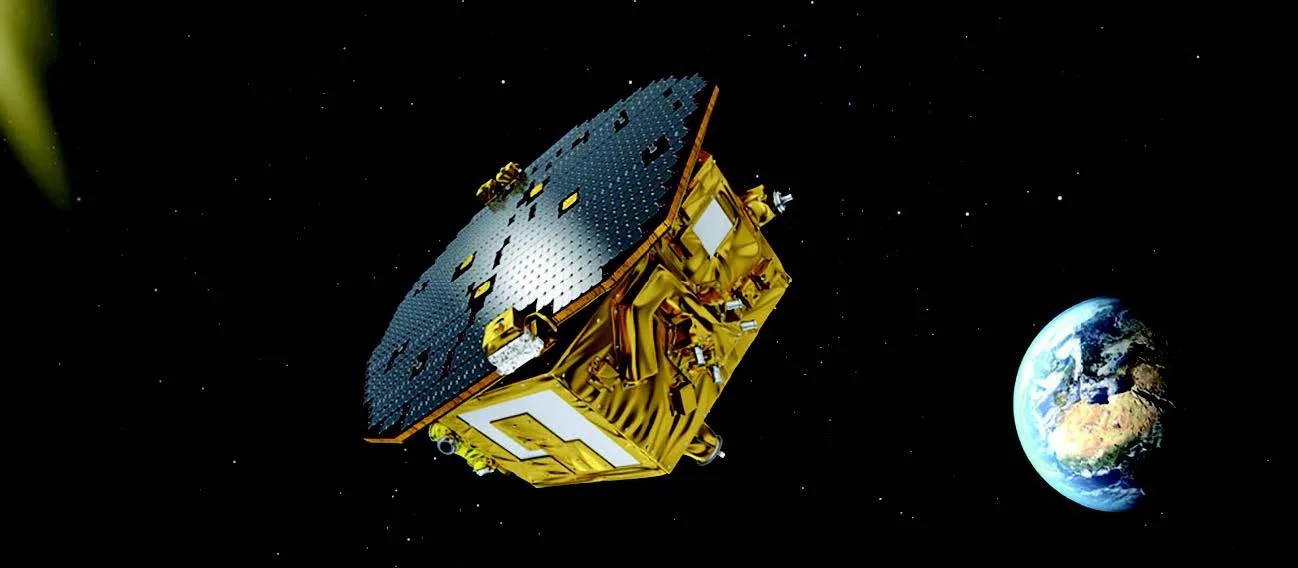 Artist illustration of LISA pathfinder spacecraft in orbit around earth