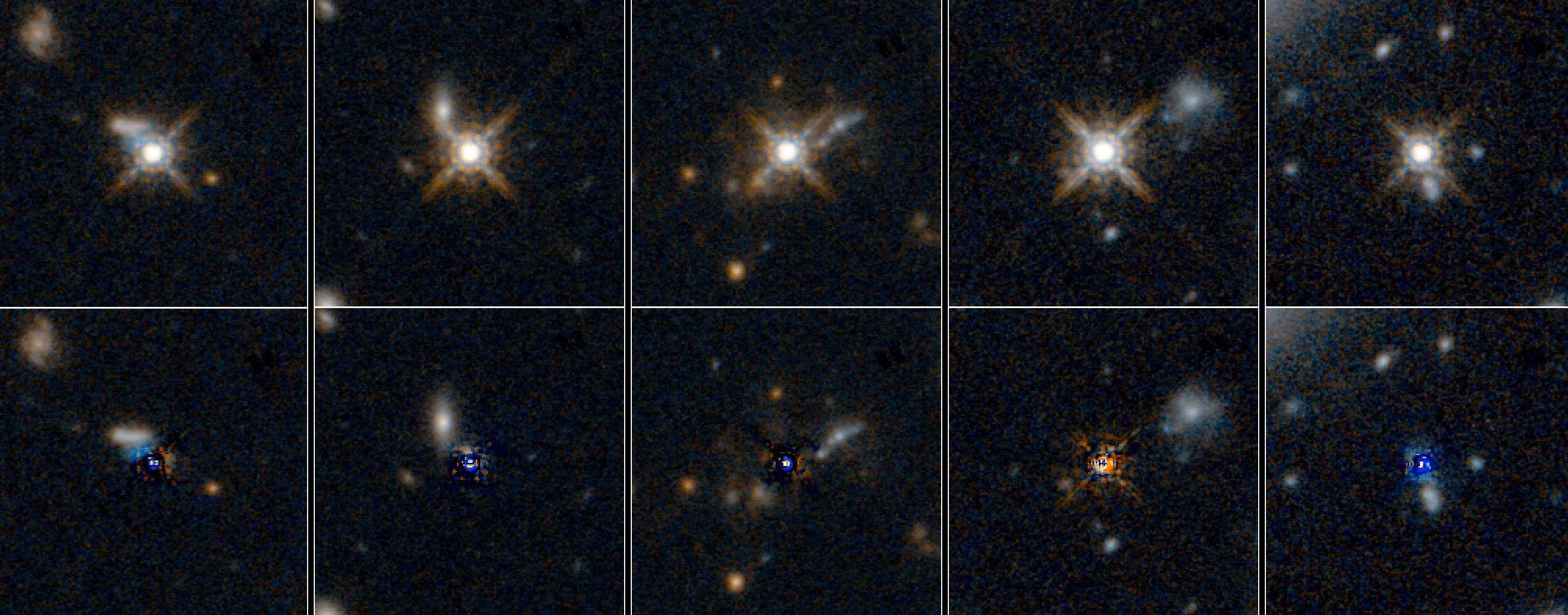A multii-panel image of 10 quasars, which resemble blurry, star-like objects.