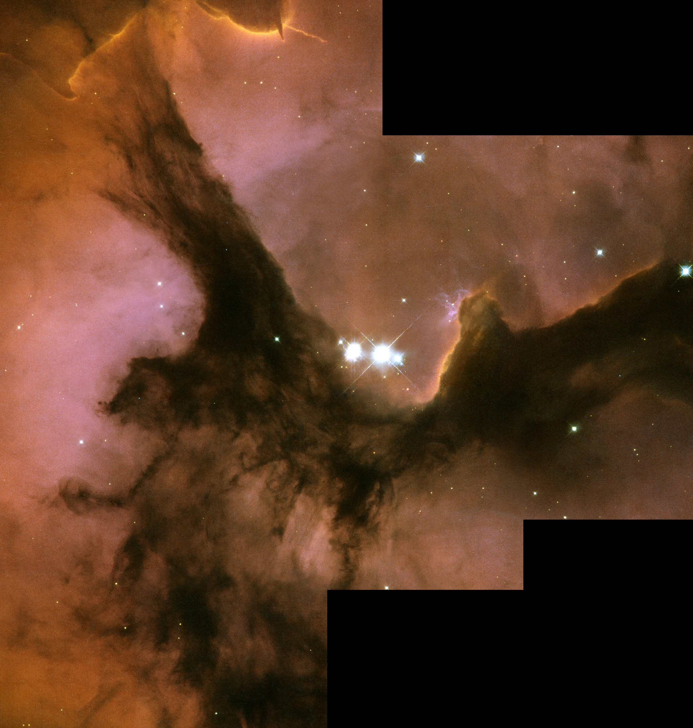 Red and brown gas and dust with several bright stars at the center. The image is a set of rectangles mosaiced together.