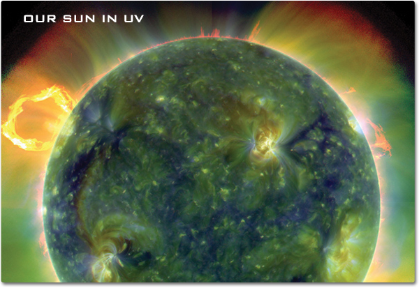 An Ultraviolet image of the Sun showing detail of solar flares and sun spot activity that is not visible to our eyes.
