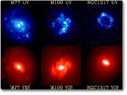 image showing three different galaxies taken in visible light (bottom three images) and ultraviolet light (top row) taken by NASA's Ultraviolet Imaging Telescope (UIT) on the Astro-2 mission.